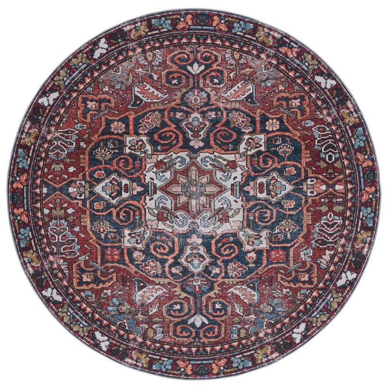SAFAVIEH Tucson Red/Navy 6 ft. x 6 ft. Machine Washable Distressed Medallion Floral Border Round Area Rug TSN176Q-6R