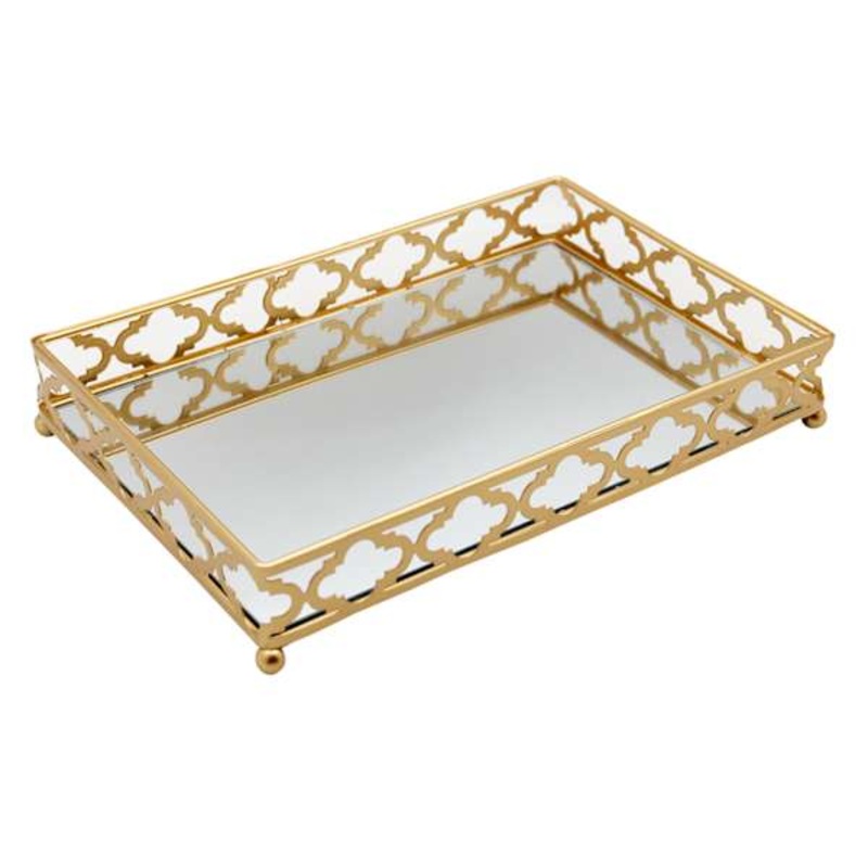 Gold Geometric Metal Mirror Tray, 12×8