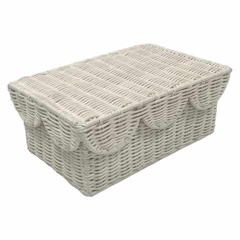 Scalloped Bleached Rattan Box, 10.6×7.1×4.7