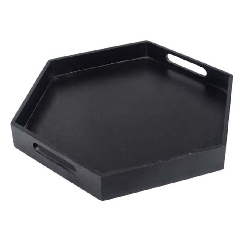 Large Black Hexagon Acacia Wood Tray, 17″