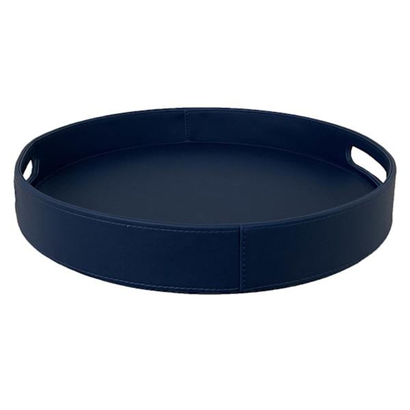 Providence Blue Round Faux Leather Tray, 14″