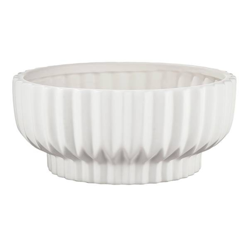 Ribbed White Ceramic Bowl, 12″