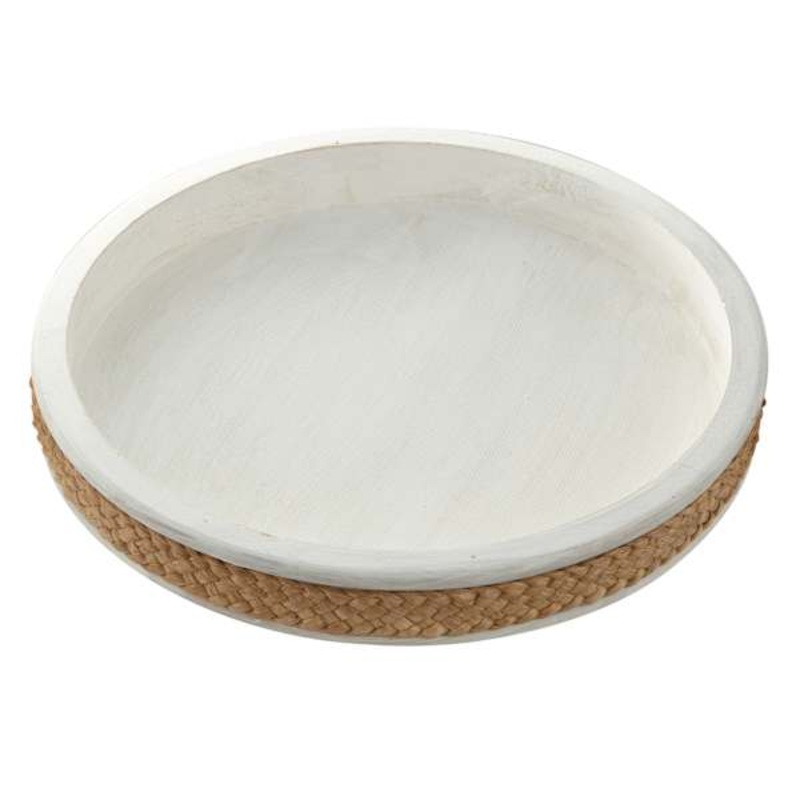 Round Whitewashed Wooden Decorative Tray, 16″