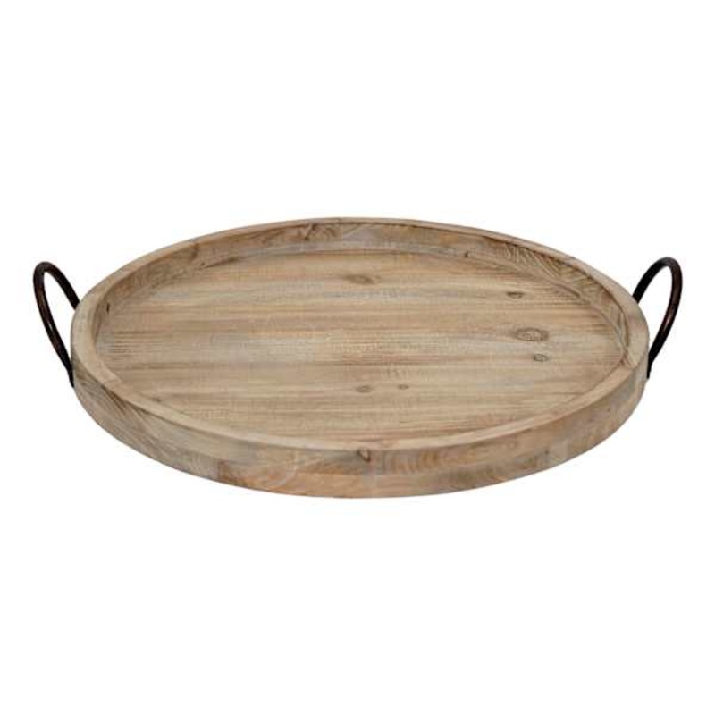 Round Wooden Tray with Metal Handles, 19.5″