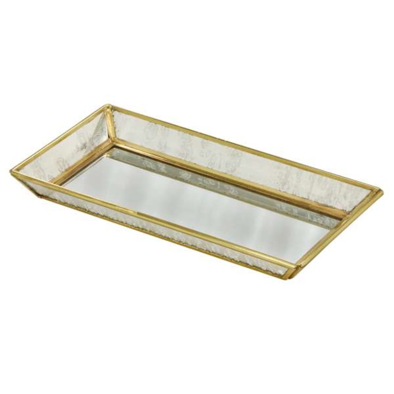 Scalloped Edge Brass Beaded Glass Decorative Tray, 9×5