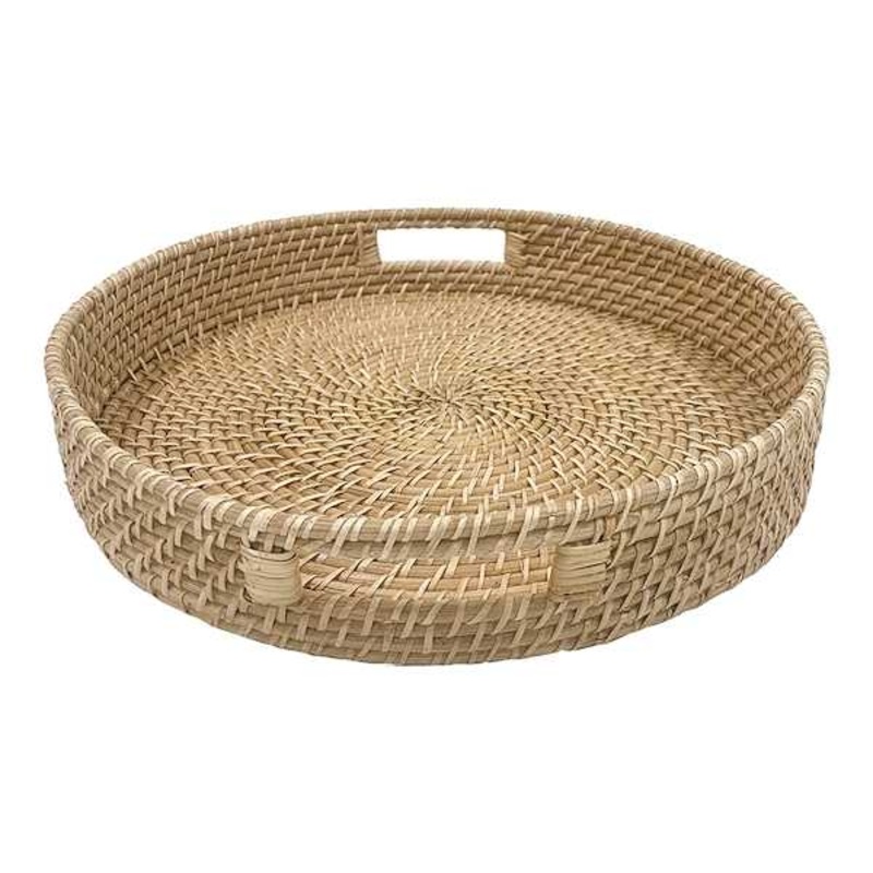 Tan Round Rattan Tray, 17.3″