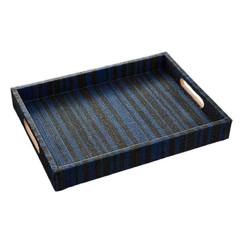 Tracey Boyd Black & Blue Striped Seagrass Woven Tray, 12×16