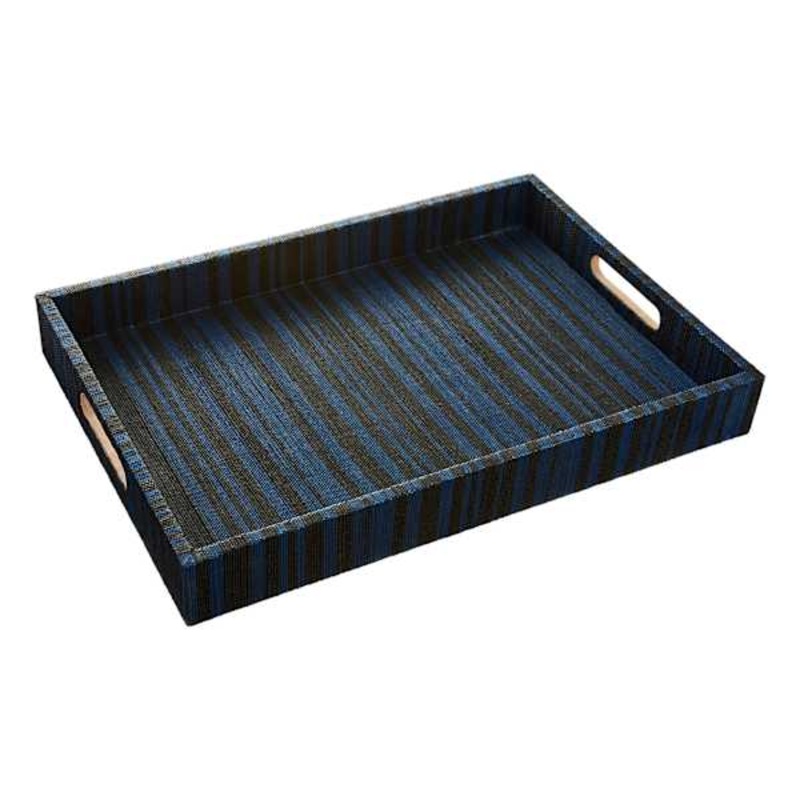 Tracey Boyd Black & Blue Striped Seagrass Woven Tray, 15×20