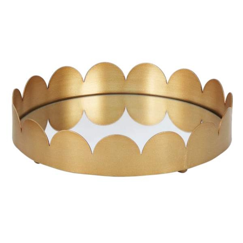 Tracey Boyd Gold Scalloped Round Tray With Mirror, 10″