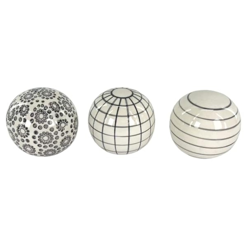 3-Piece Black & White Patterned Ceramic Orbs, 3.5″