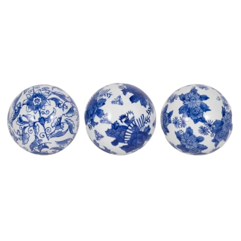3-Piece Blue Ceramic Chinoiserie Orbs, 4″