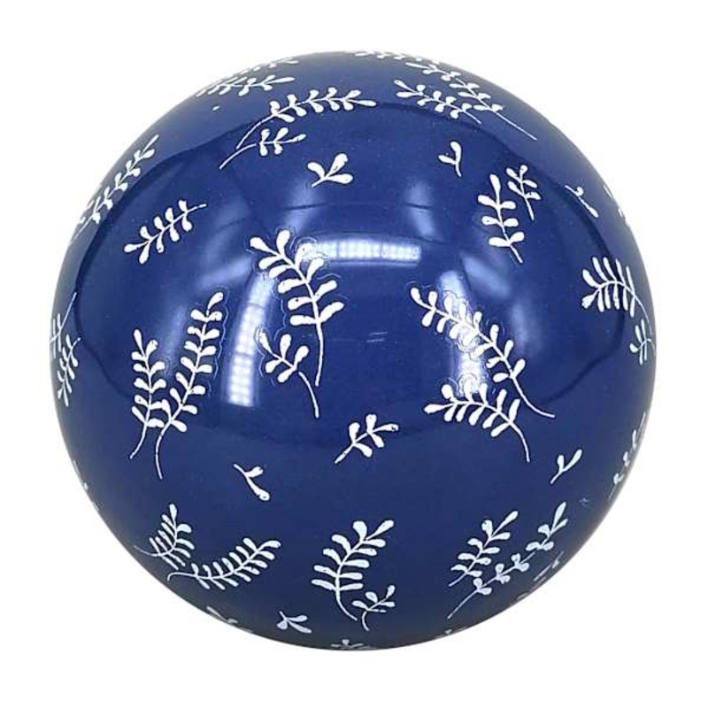 Blue Leaf Patterned Ceramic Sphere, 4″
