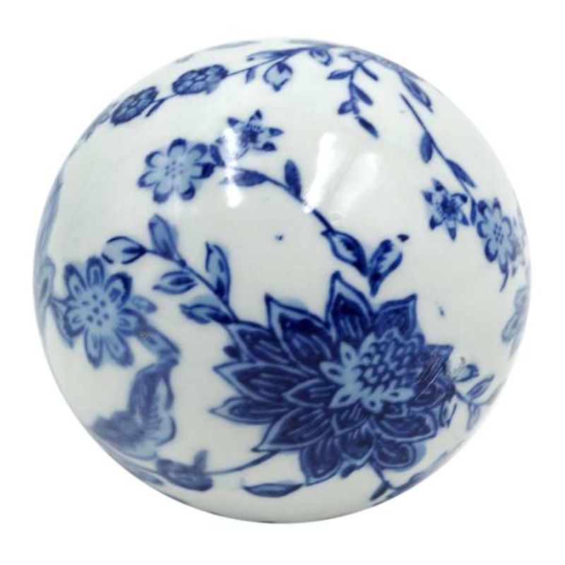 Blue & White Floral Porcelain Sphere, 3″