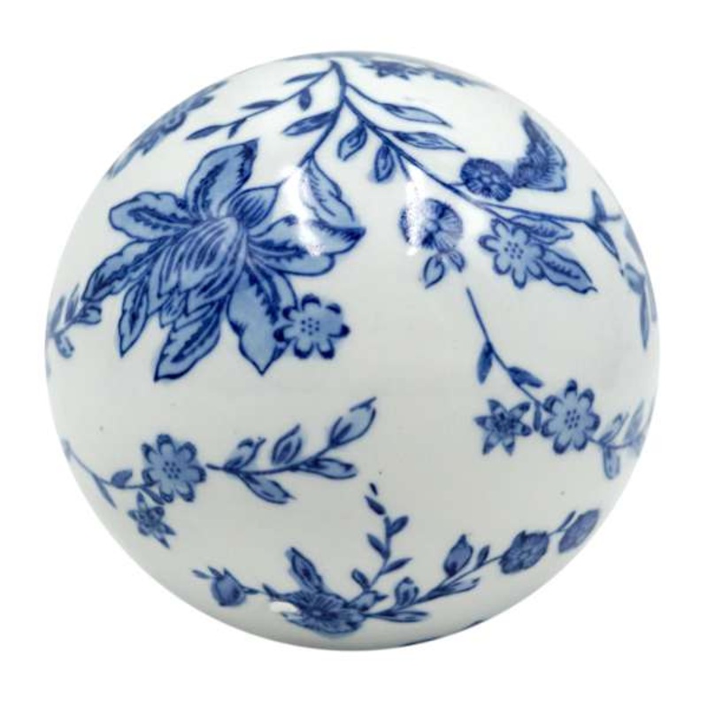 Blue & White Floral Porcelain Sphere, 4″