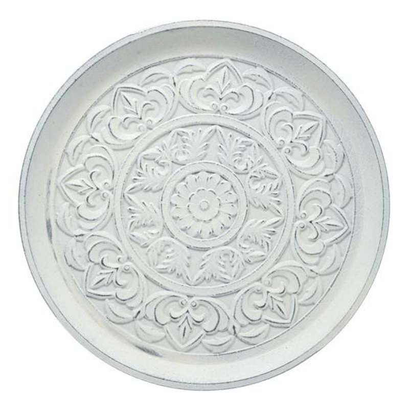 White Carved Faux Wood Tray, 18″