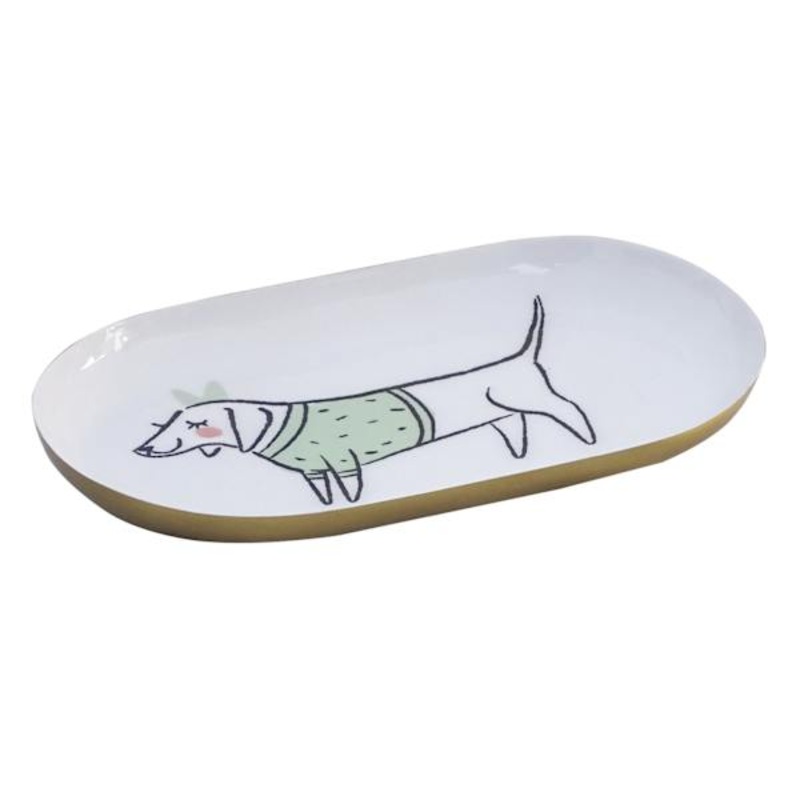 White & Gold Oval Dog Trinket Tray, 8×5