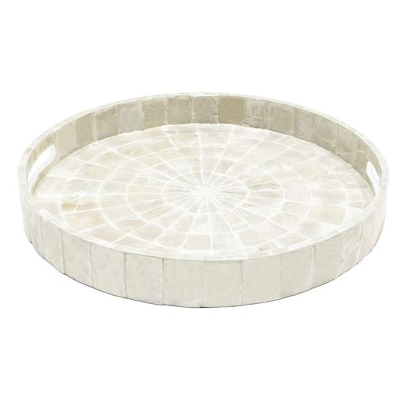 White Round Capiz Shell Tray, 15.7″