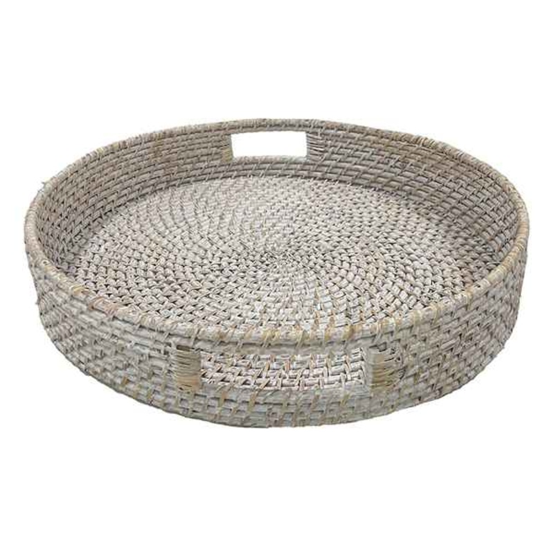 White Round Rattan Tray, 17.3″