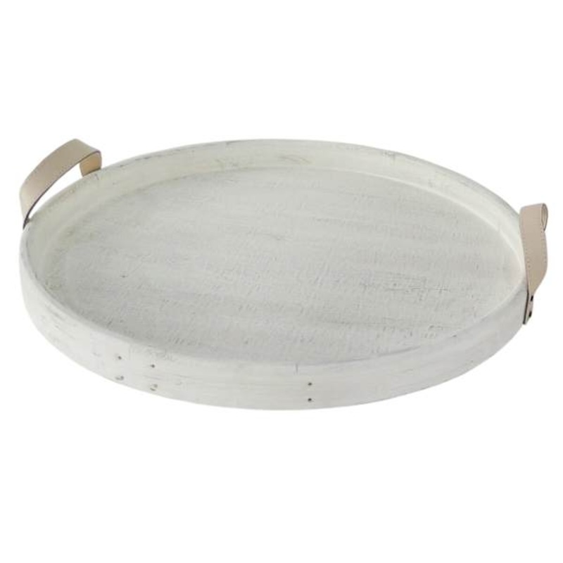 White Round Wooden Decorative Tray, 21″