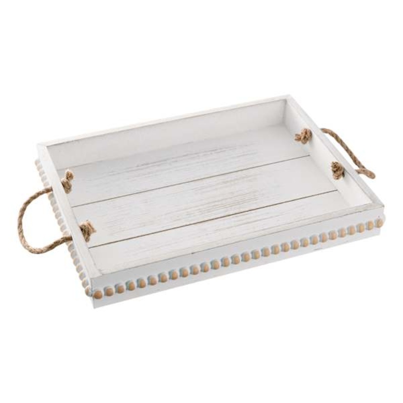 White Wooden Decorative Tray with Rope Handles, 16×13