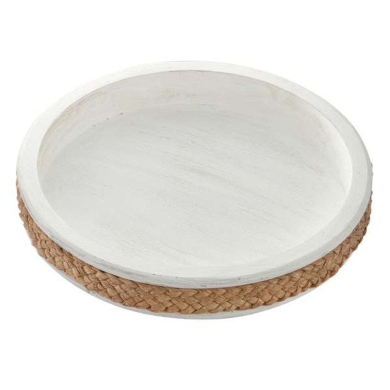 Whitewashed Round Wooden Decorative Tray, 13″