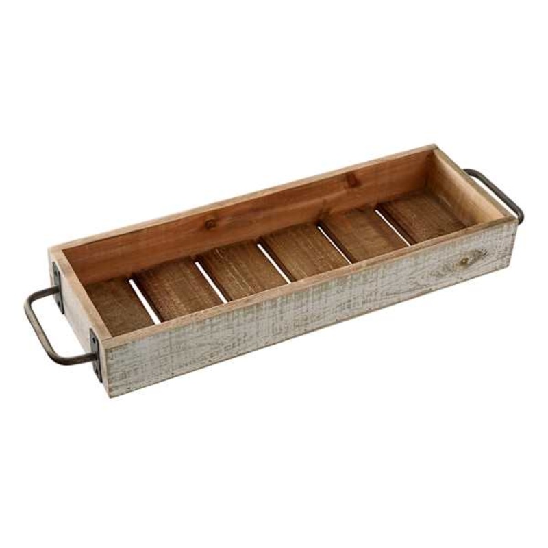 Whitewashed Wooden Tray with Metal Handles, 22×7