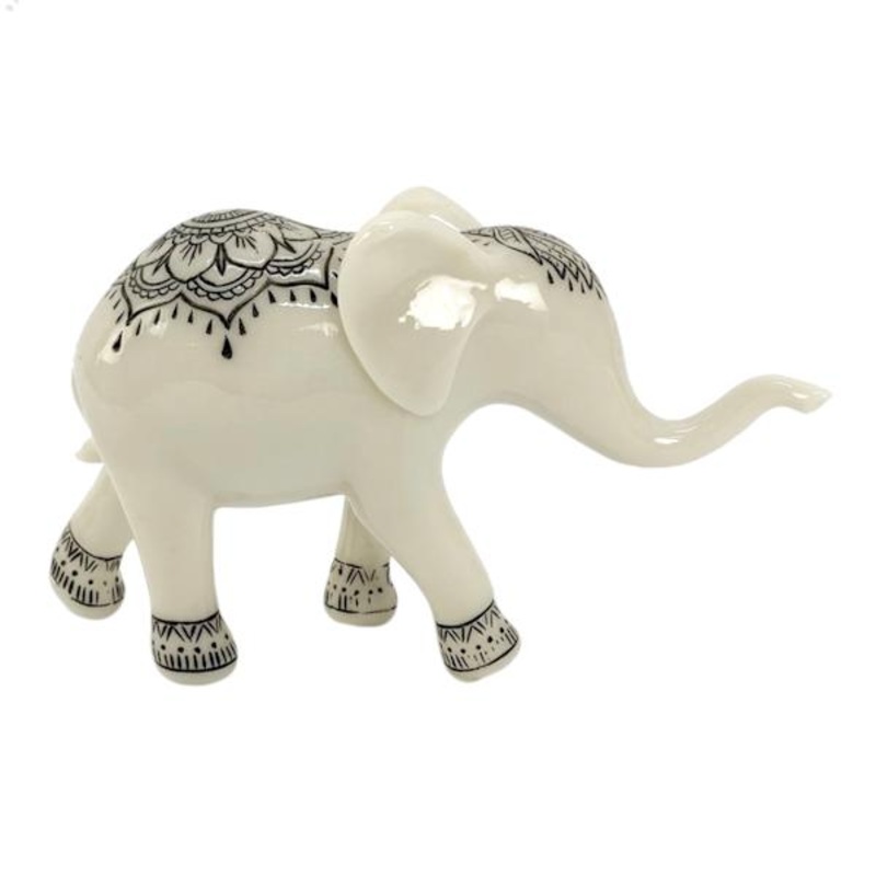 Black & White Patterned Elephant Figurine, 5″