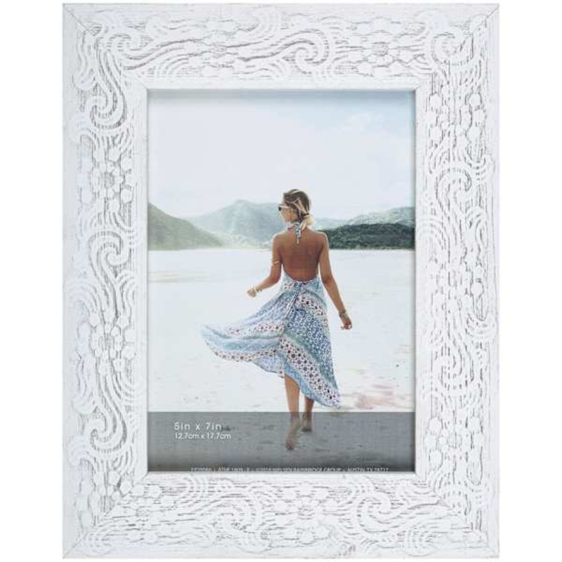 Whitewash Floral Patterned Profile Tabletop Picture Frame, 5×7