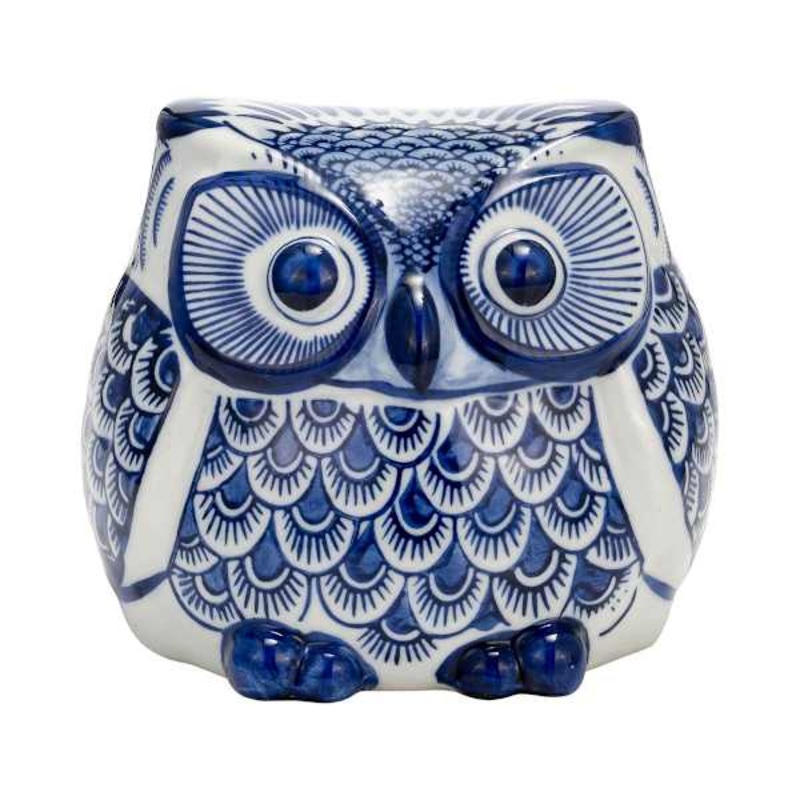Blue & White Chinoiserie Ceramic Owl, 5″