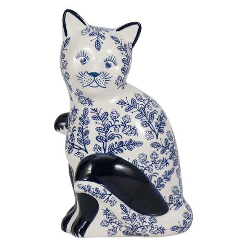 Blue & White Sitting Ceramic Chinoiserie Cat, 8″