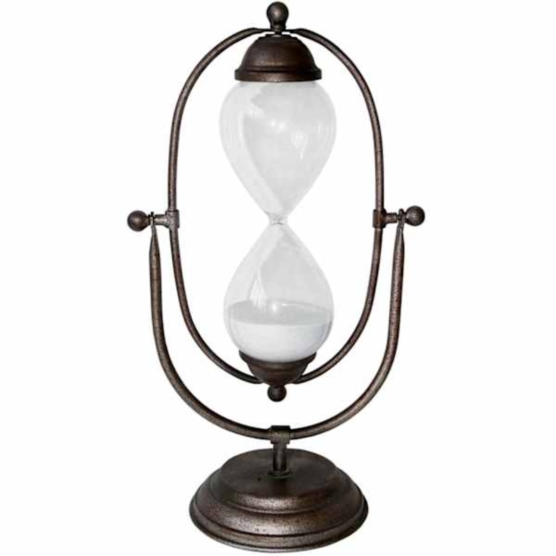 Brown Metal Glass Hourglass On Stand, 12″