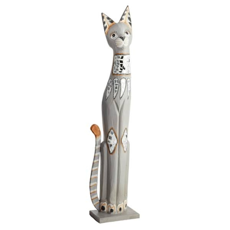 Oversized Whitewashed Embellished Cat Decor, 39″