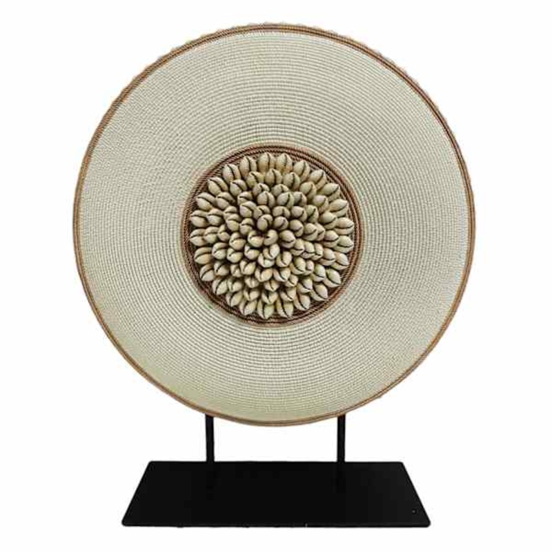 Tracey Boyd Brown & Ivory Carved Medallion with Beads on Stand, 16″