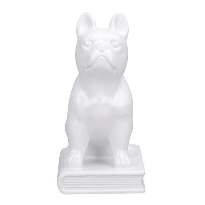 White Ceramic French Bulldog Sitting on Book, 8.5″