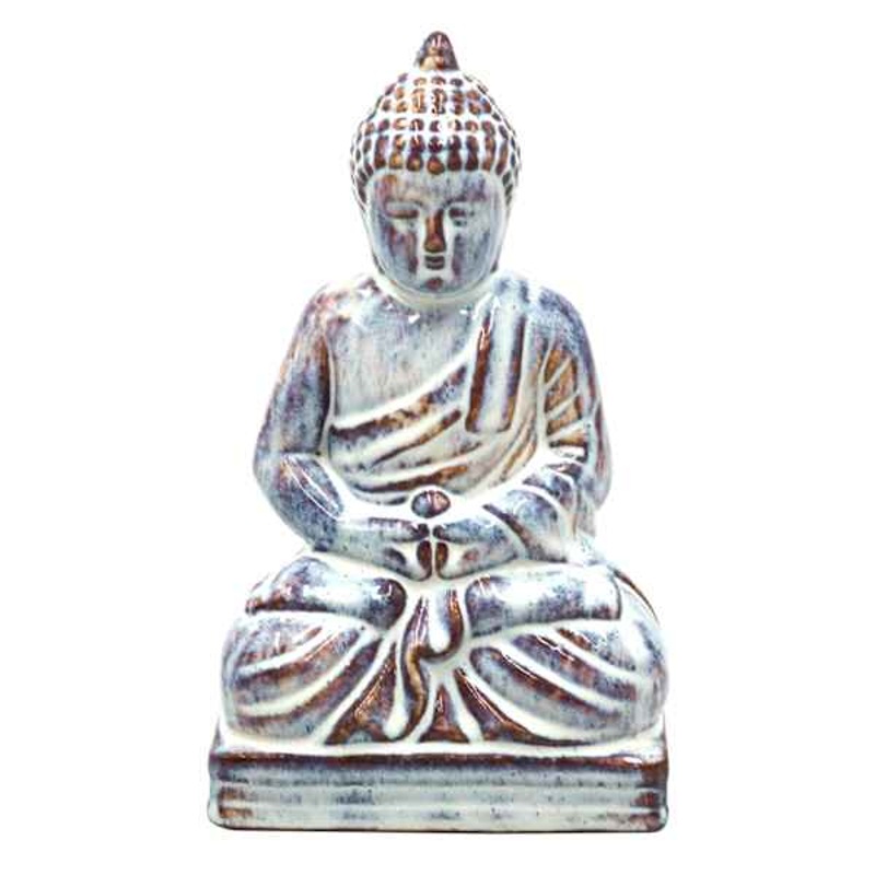 White Distressed Ceramic Buddha, 10″