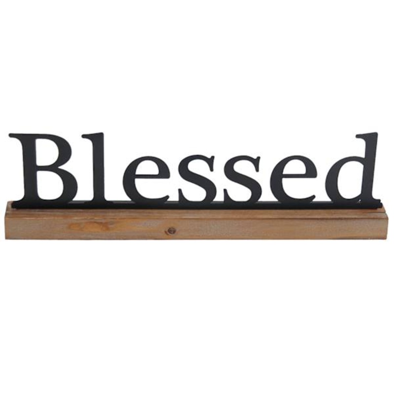 Blessed Metal Cutout Sign on Wood Base, 12×4