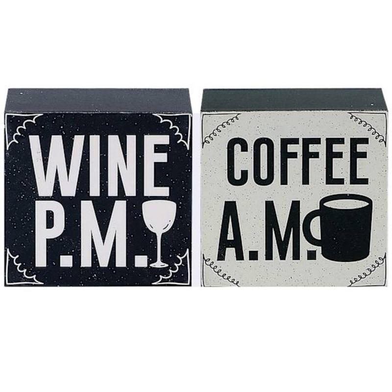 Coffee A.M. Wine P.M. Reversable Wooden Block Sign, 4″
