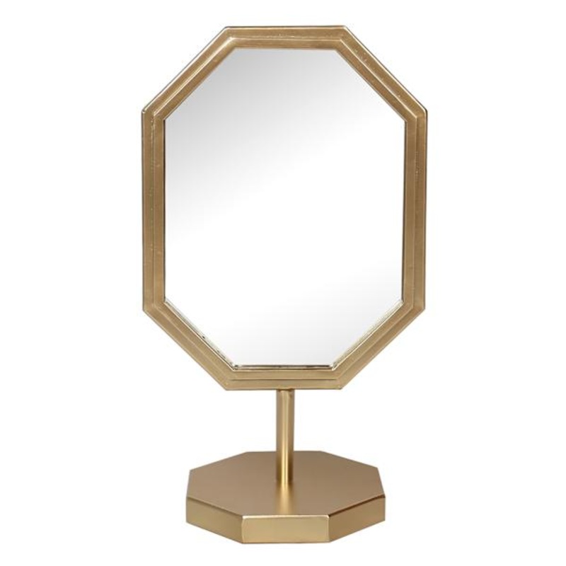 Gold Octagonal Metal Mirror with Circle Base, 14″