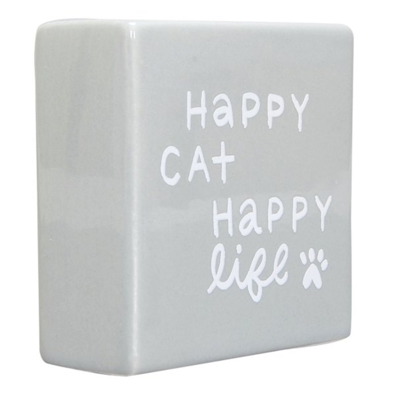 Happy Cat Happy Life Grey Ceramic Block Sign, 4″