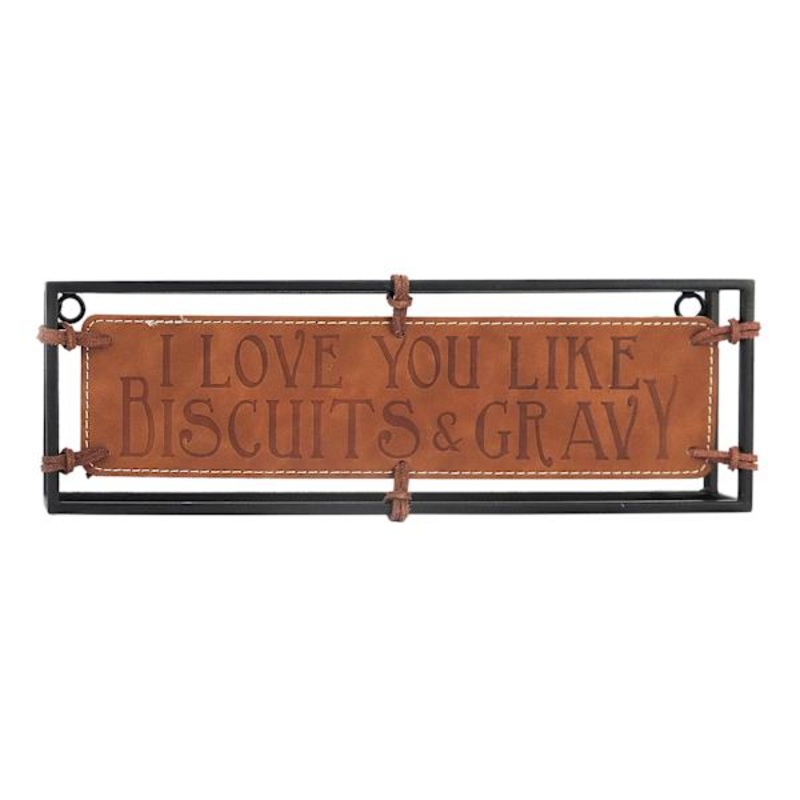 Love Like Biscuits & Gravy Metal & Leather Sign, 14×4