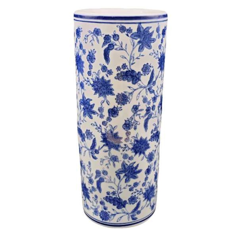 Blue & White Chinoiserie Cylinder Porcelain Vase, 23″