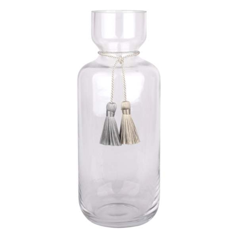 Clear Glass Vase with Tassels, 10″