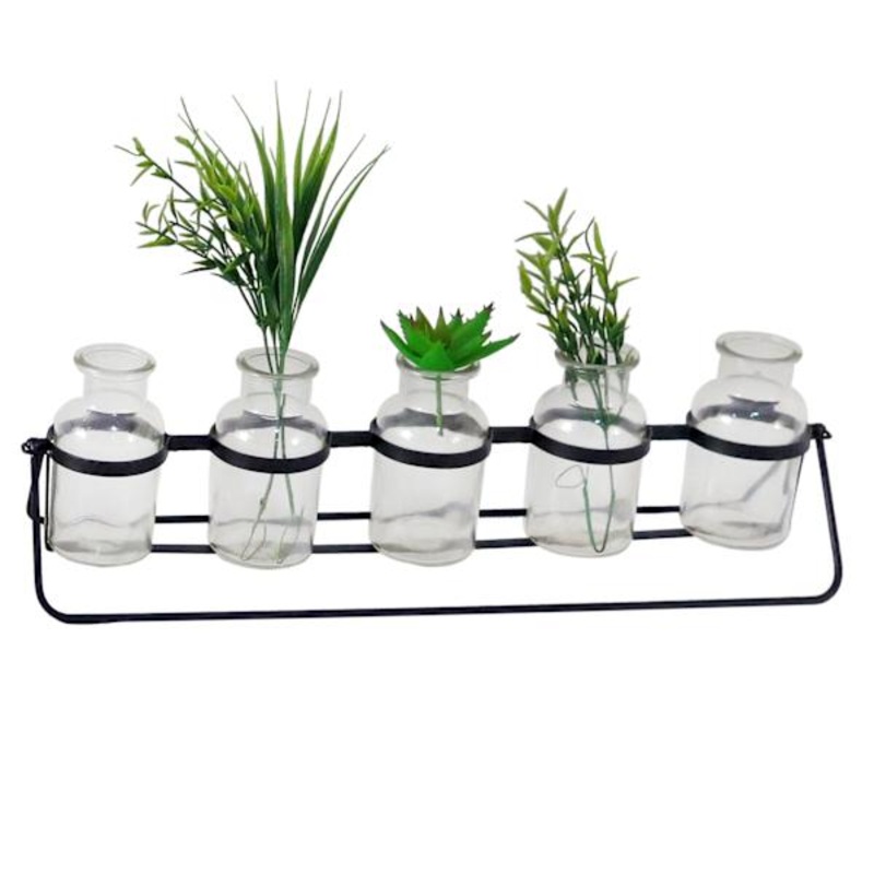 Floating Set of 5 Clear Glass Bud Vases with Black Stand, 20″