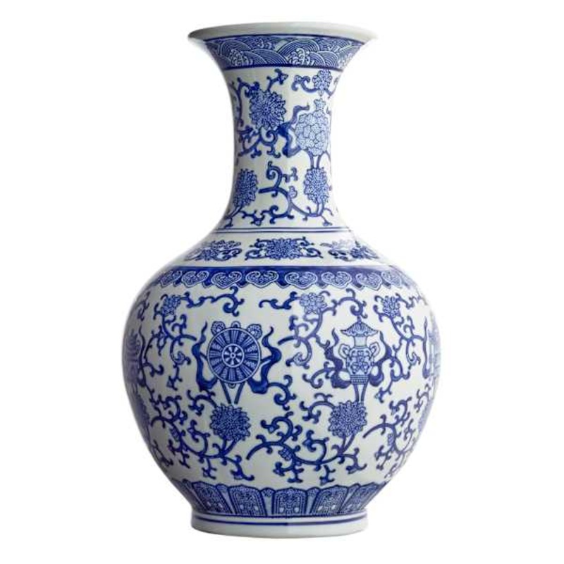 Blue Floral Ceramic Bottle Vase, 16″
