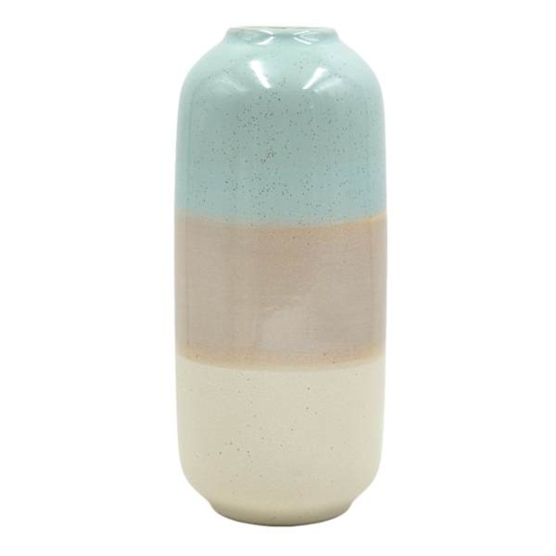 Blue & Terracotta Striped Ceramic Vase, 12″
