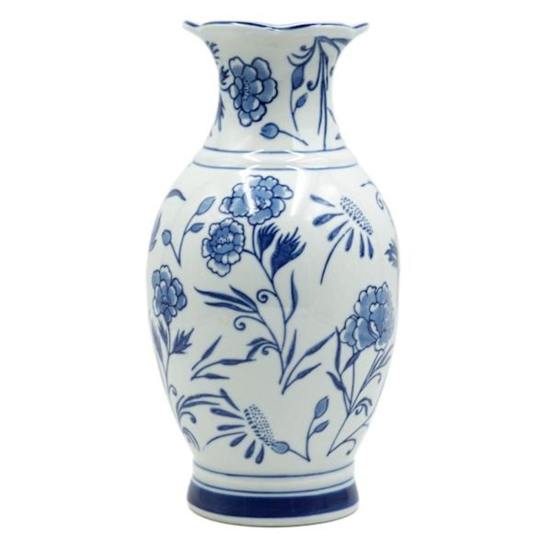 Blue & White Floral Ceramic Vase, 12″
