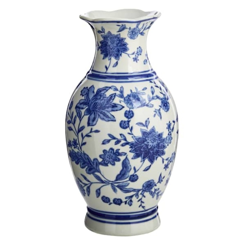 Blue & White Floral Porcelain Vase, 12″