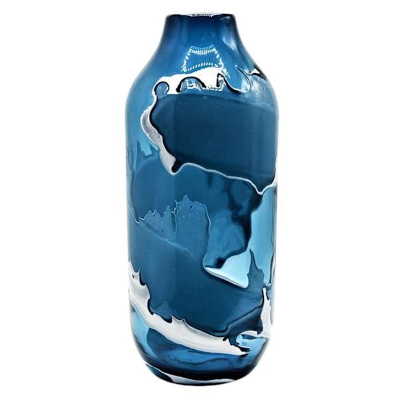 Blue & White Glass Vase, 13.5″