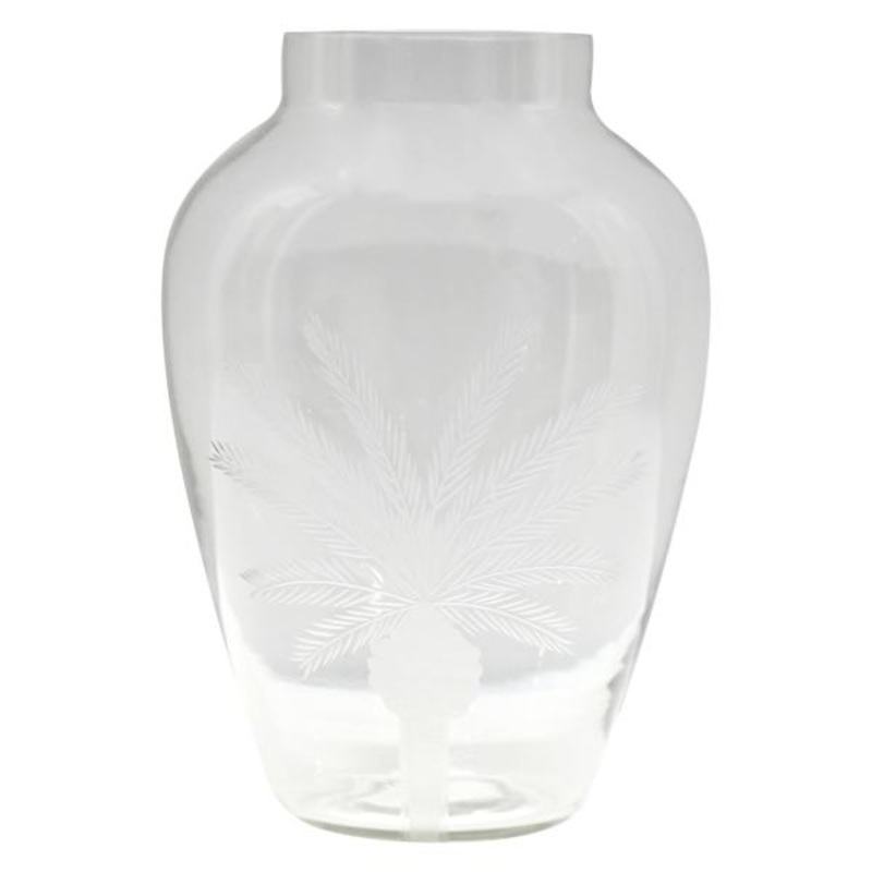 Etched Wide Mouth Glass Vase, 9″