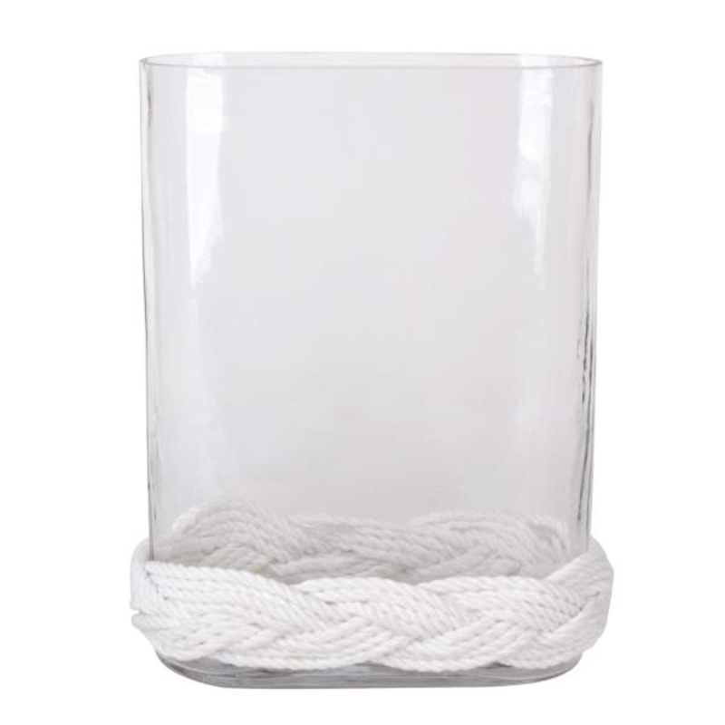 Glass Vase with White Rope Base, 10″